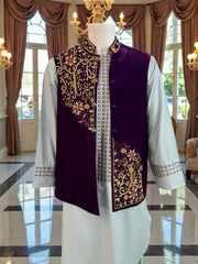 Large Royal Purple Velvet Waistcoat – Luxury Gold & Pink Hand-Embroidered Dabka, Zari, Tilla Work Medium to Large