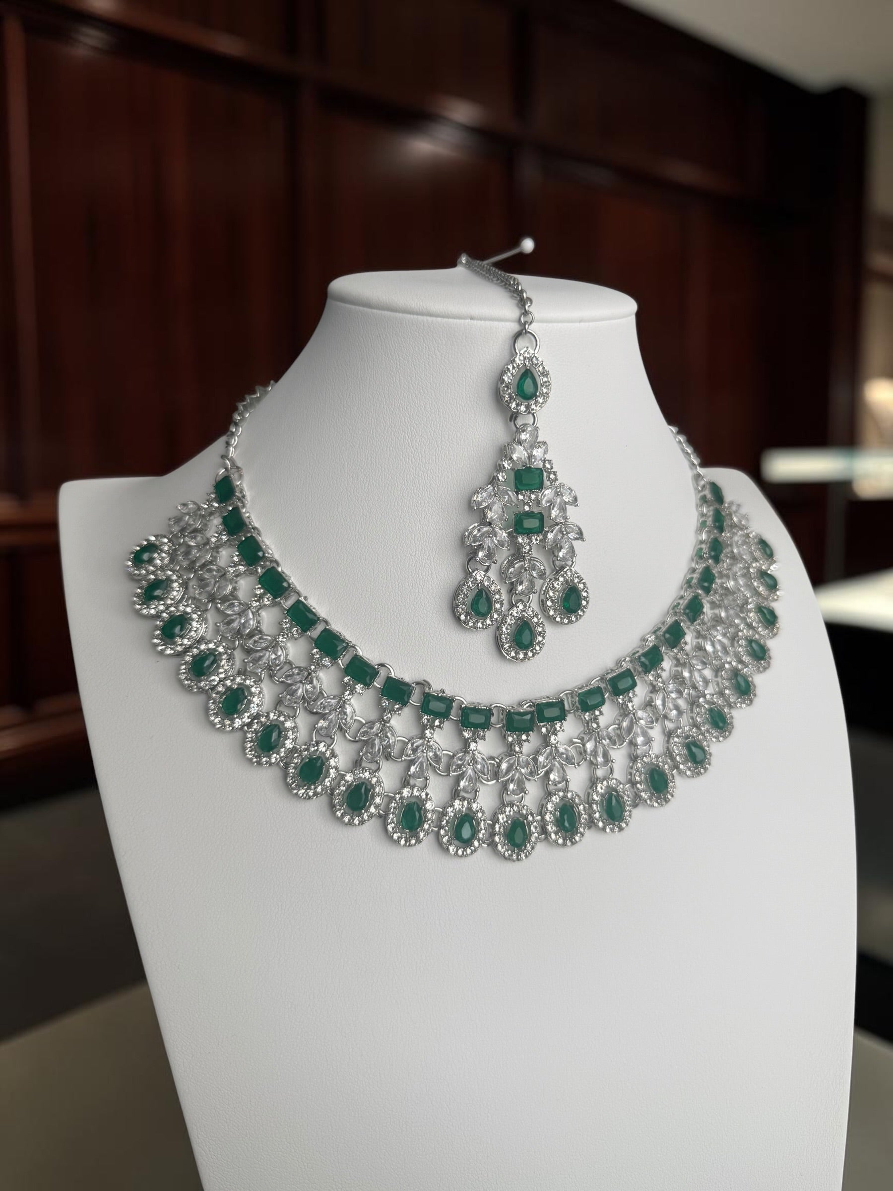 Luxury Emerald Green American Diamond Bridal Jewelry Set with Maang Tikka | Premium Brass Statement Collar Necklace, Earrings & Gift Box Included 6031