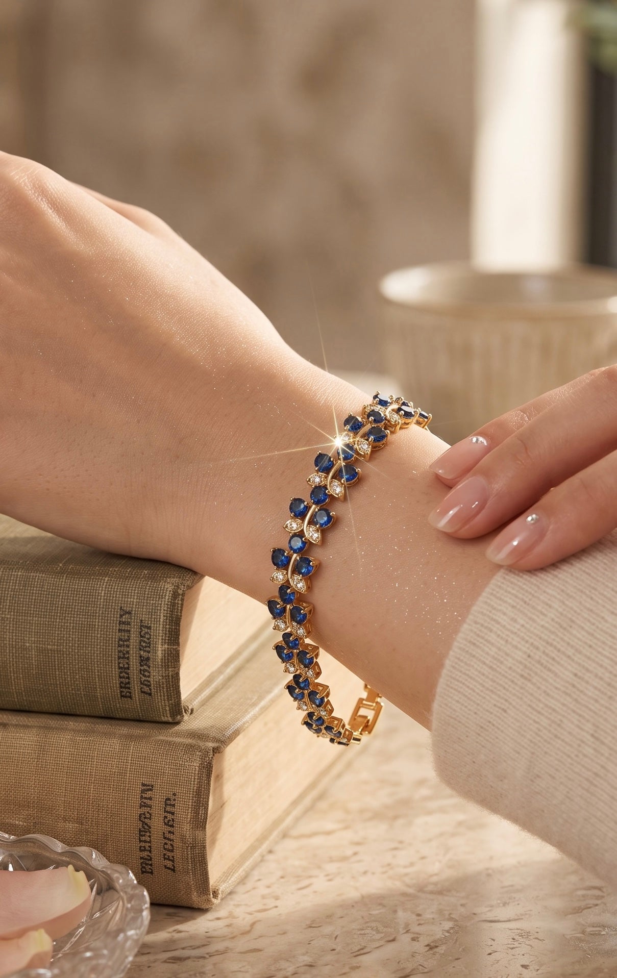 Sapphire Blue Butterfly Crystal Bracelet – Gold Tone Rhinestone Statement Jewelry 7081