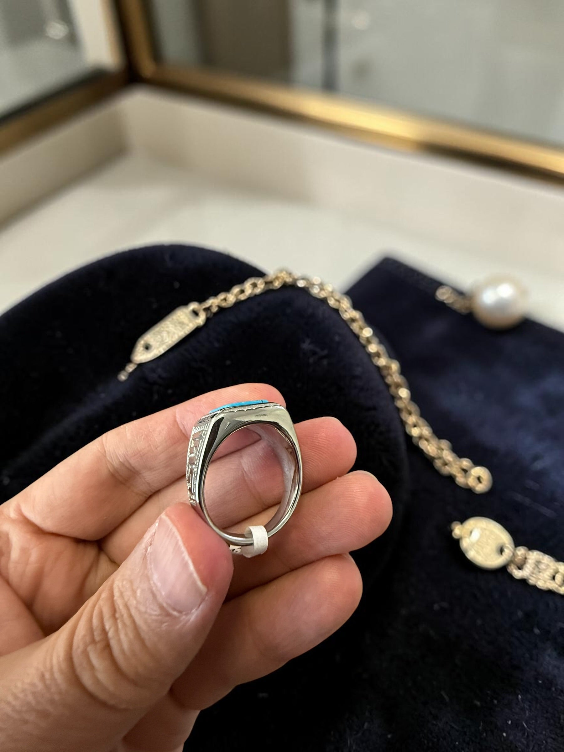 Vintage Turquoise Stone Signet Ring – Silver Tone Statement Ring