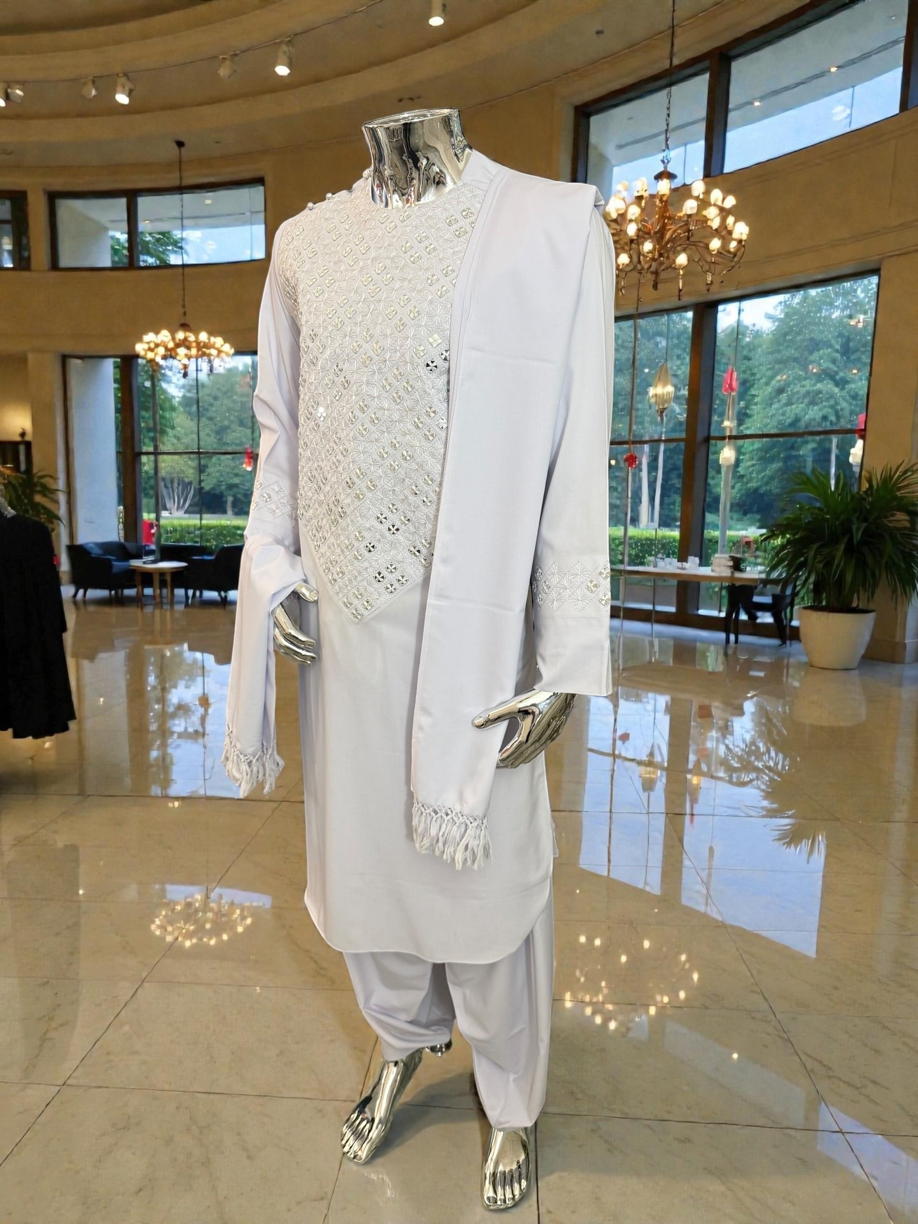 Medium Men’s White Afghan Groom Outfit – 3-Piece Elegant Set