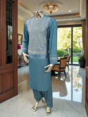 Medium Turquoise Blue Afghan Kameez with White Khamakdozi Embroidery