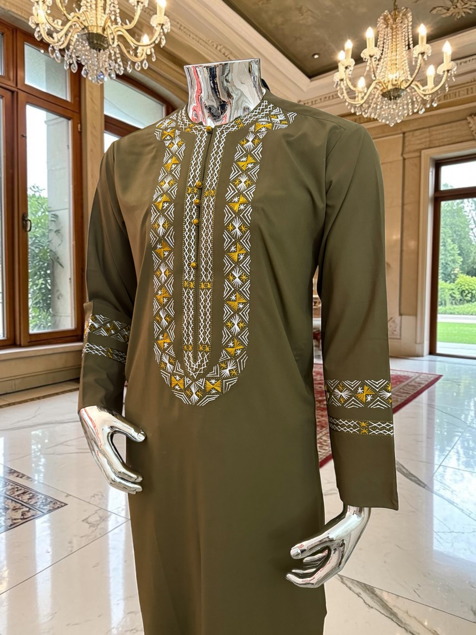 Men’s Olive Green Embroidered Afghan Perahan Tunban Set | S–XL