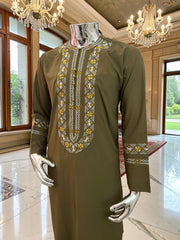Men’s Olive Green Embroidered Afghan Perahan Tunban Set | S–XL