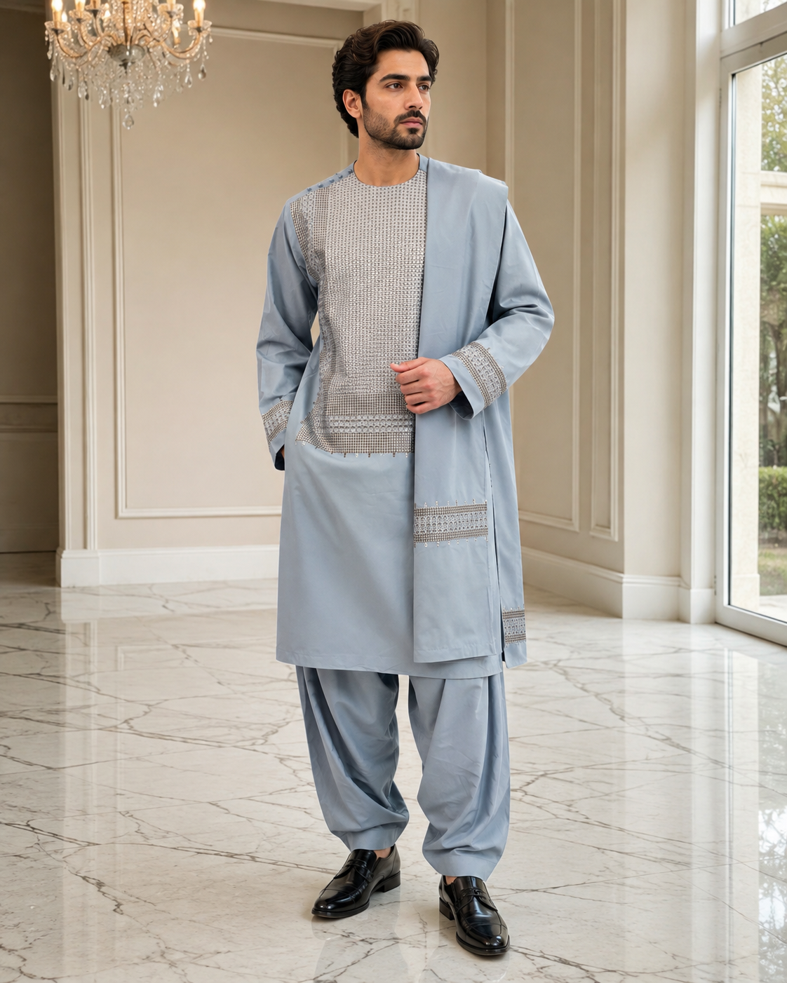 Large Men’s Light Blue Afghan Parahan Tunban with Khamakdozi-Inspired Machine Embroidery 7201