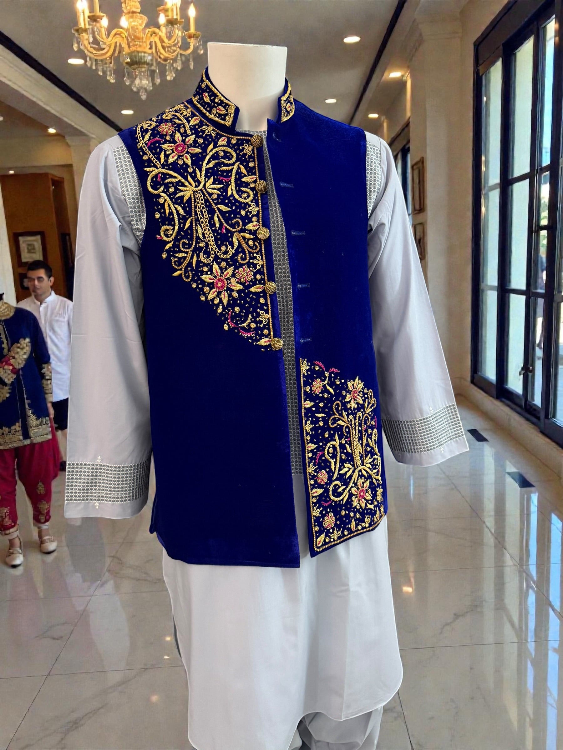 Royal Blue Velvet Vestcoat – Handmade Soma & Borr Borr Gold Embroidery | Men’s Luxury Afghan Waistcoat Medium