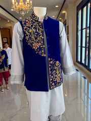 Royal Blue Velvet Vestcoat – Handmade Soma & Borr Borr Gold Embroidery | Men’s Luxury Afghan Waistcoat Medium
