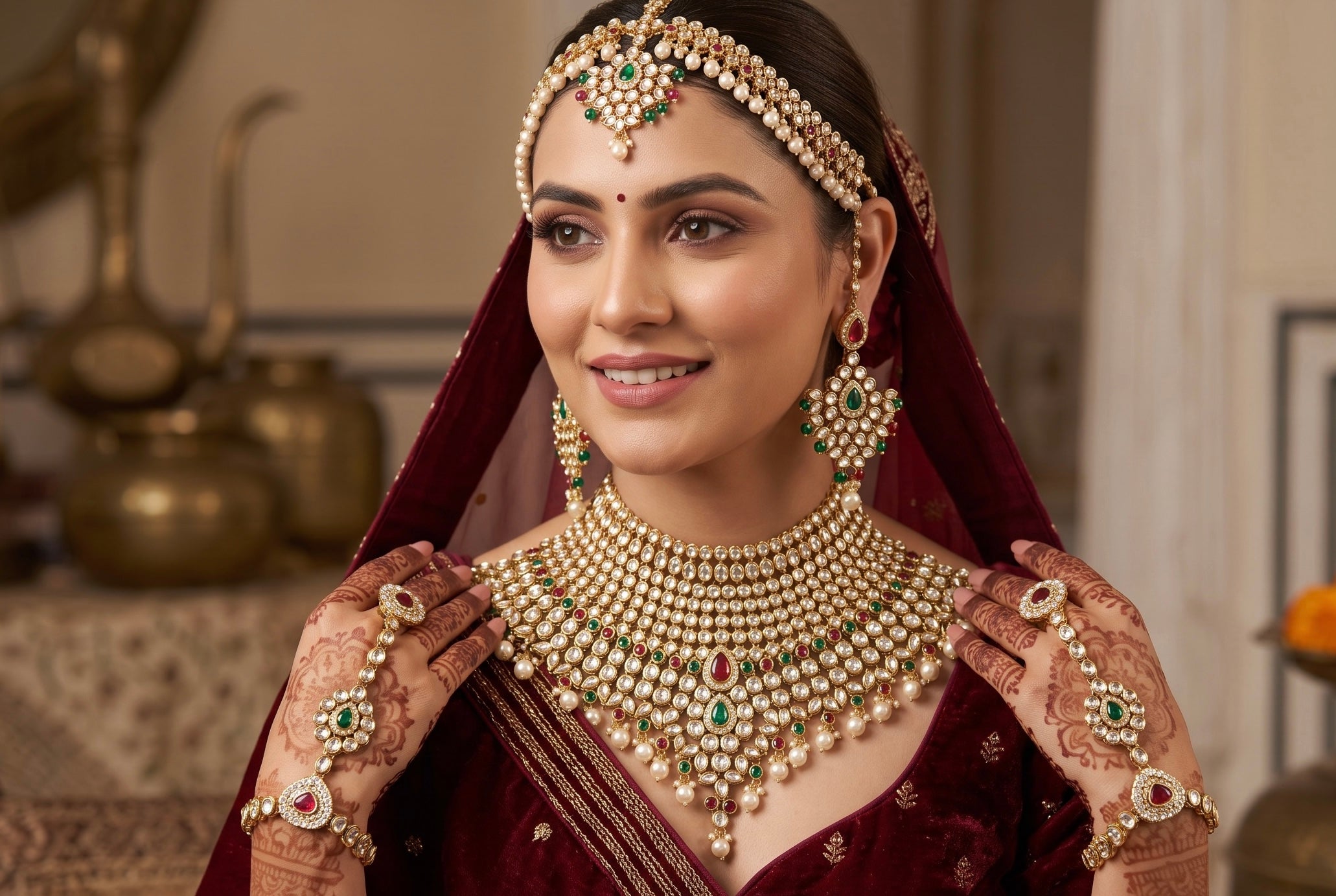 6-Piece Gold-Tone Kundan Full Bridal Jewelry Set with Necklace, Earrings, Nose Ring, Sheeshphool & Ring Bracelets 029