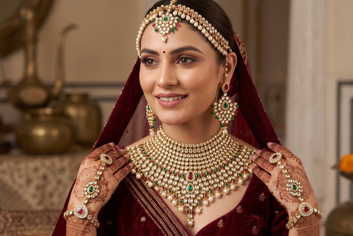 6-Piece Gold-Tone Kundan Full Bridal Jewelry Set with Necklace, Earrings, Nose Ring, Sheeshphool & Ring Bracelets 029