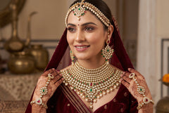 6-Piece Gold-Tone Kundan Full Bridal Jewelry Set with Necklace, Earrings, Nose Ring, Sheeshphool & Ring Bracelets 029