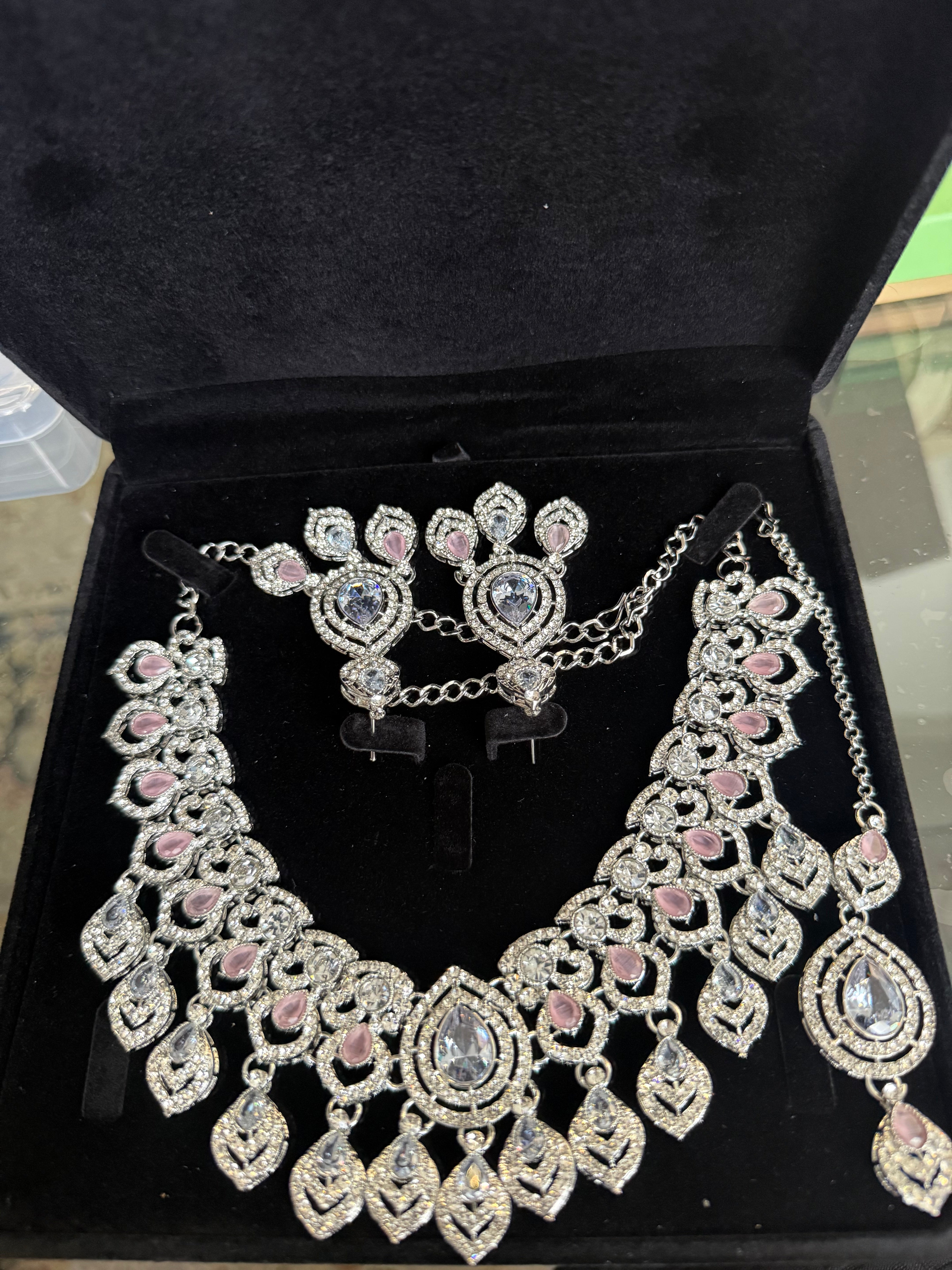 Luxury Silver Tone Blush Pink Crystal Bridal Jewelry Set | Statement Necklace, Earrings & Maang Tikka | Wedding Jewelry with Black Gift Box 6029
