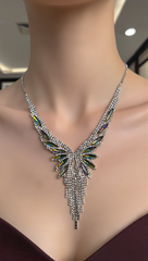Crystal Rhinestone Statement Necklace & Earrings Set – Silver-Tone Leaf Design with Tassel, 7 Color Options, Jewelry Box Included