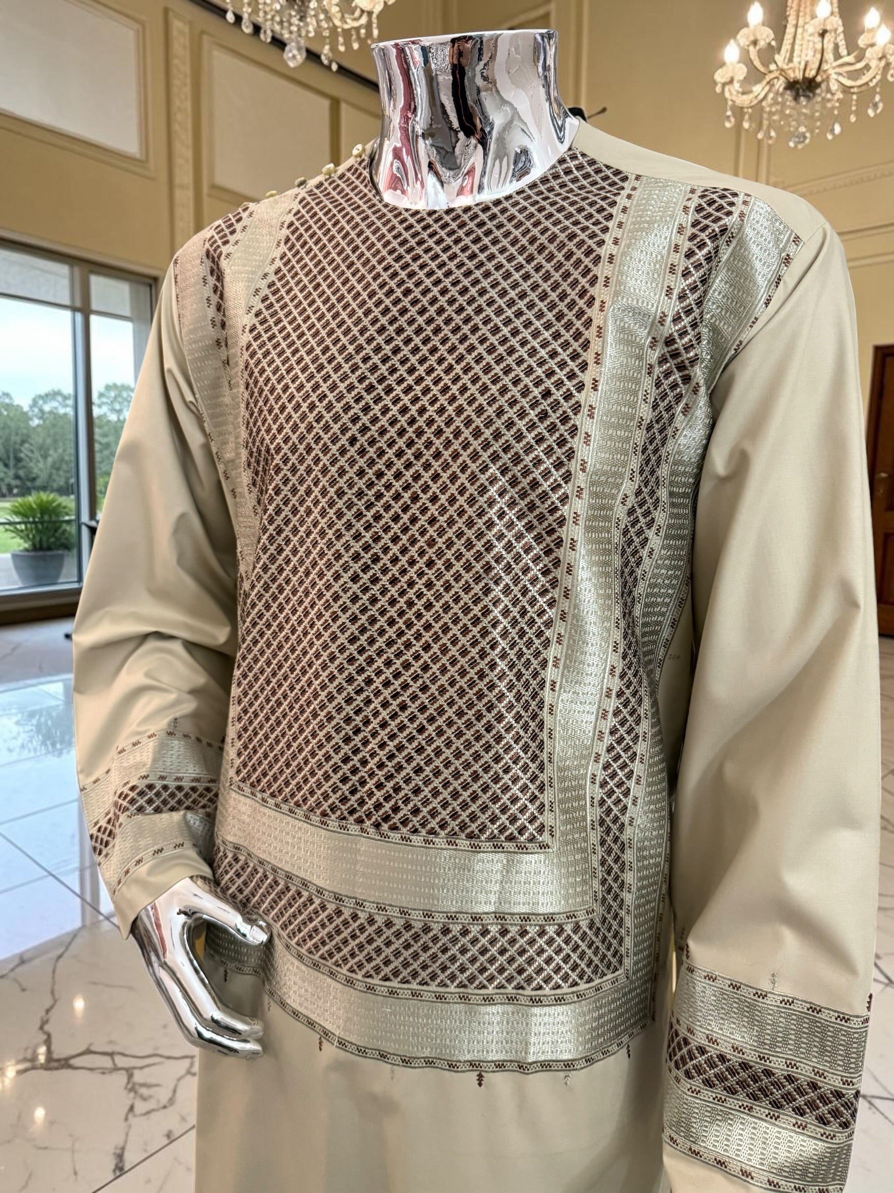 X-Large Men’s Light Khaki Afghan Parahan Tunban Set with Premium Machine Embroidery