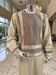 X-Large Men’s Light Khaki Afghan Parahan Tunban Set with Premium Machine Embroidery