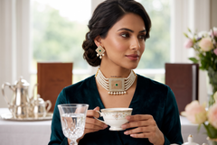 Traditional Gold Tone Pearl Choker Necklace Set with Earrings – Bridal Pakistani Indian Afghan Statement Jewelry for Women 023