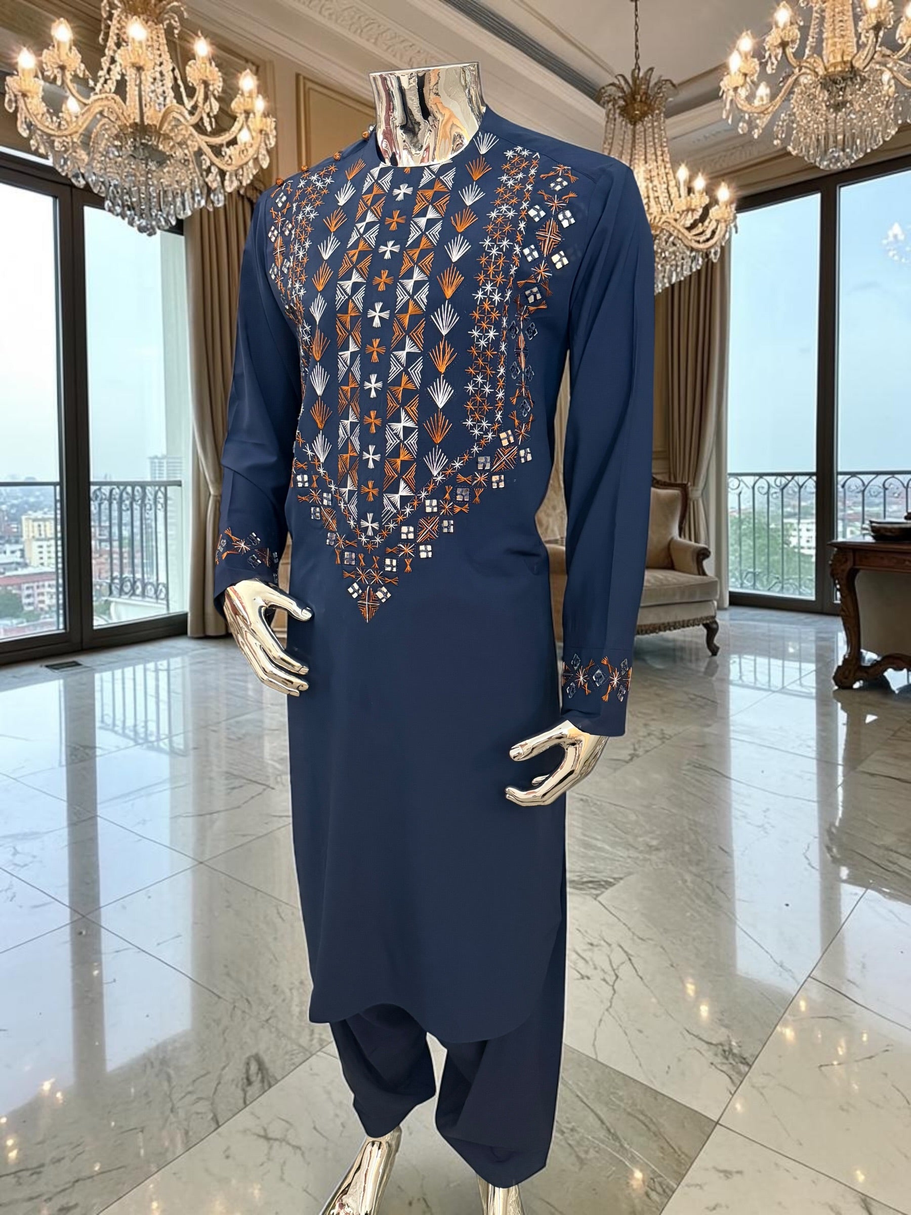 Medium Navy Blue Afghan Men’s Parahan Tunban Set – Hand Embroidery & Mirror Work with Matching Chadder/patto