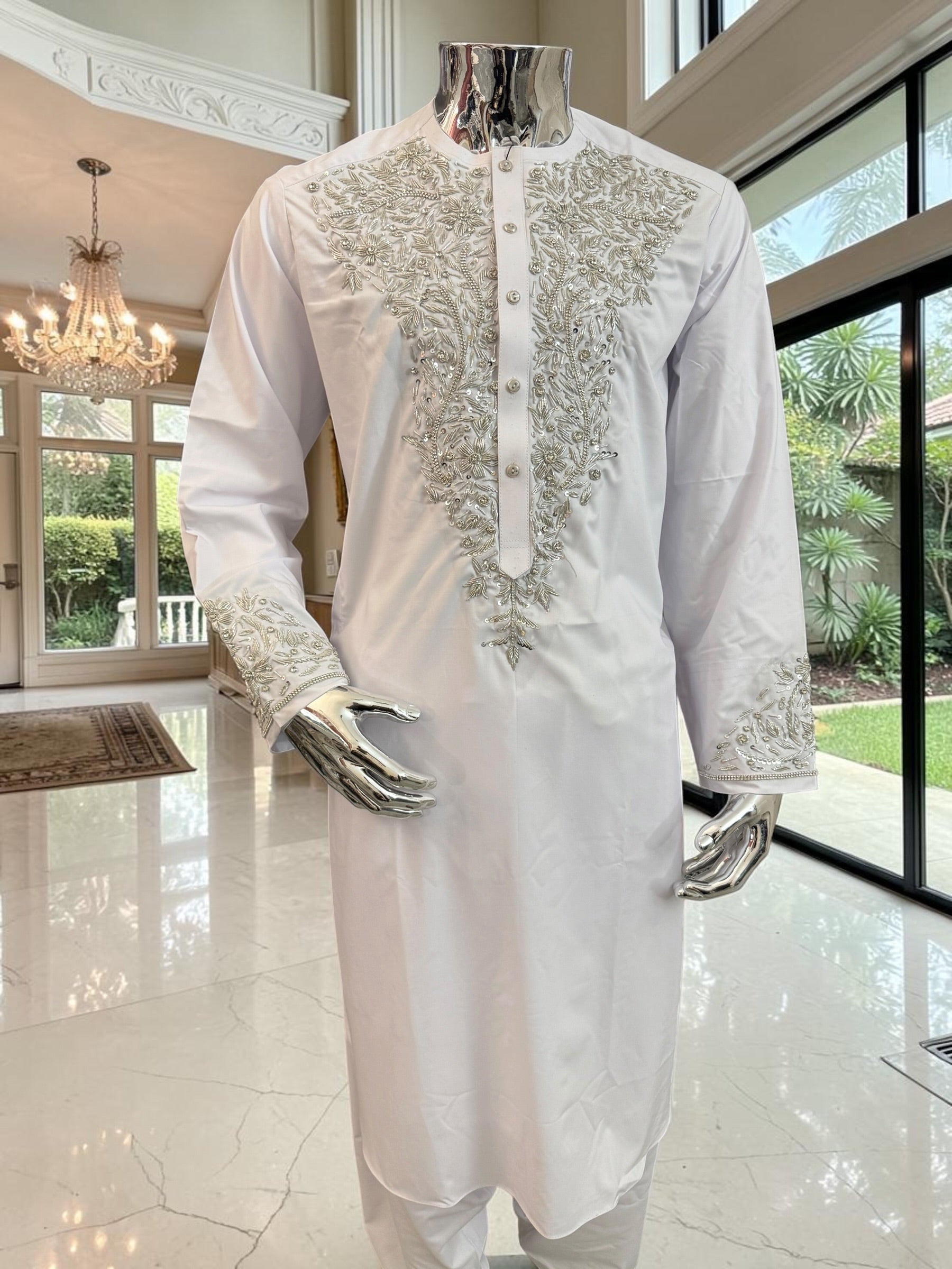 Handmade Afghan Selmadozi Embroidered Men’s Perahan Tunban – Luxury Traditional Formal Outfit – Available in Black, Ivory & White