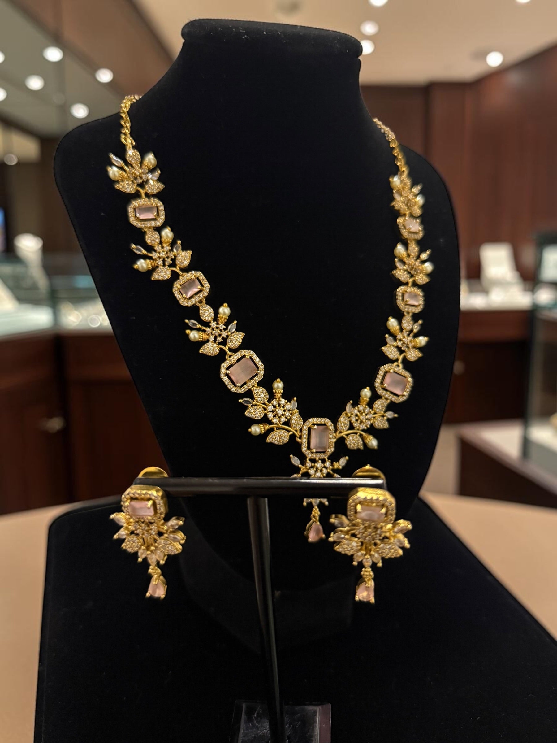 Luxury Gold Tone Blush Pink Crystal Floral Statement Necklace & Earrings Set | Gift-Ready Black Jewelry Box Included 6072