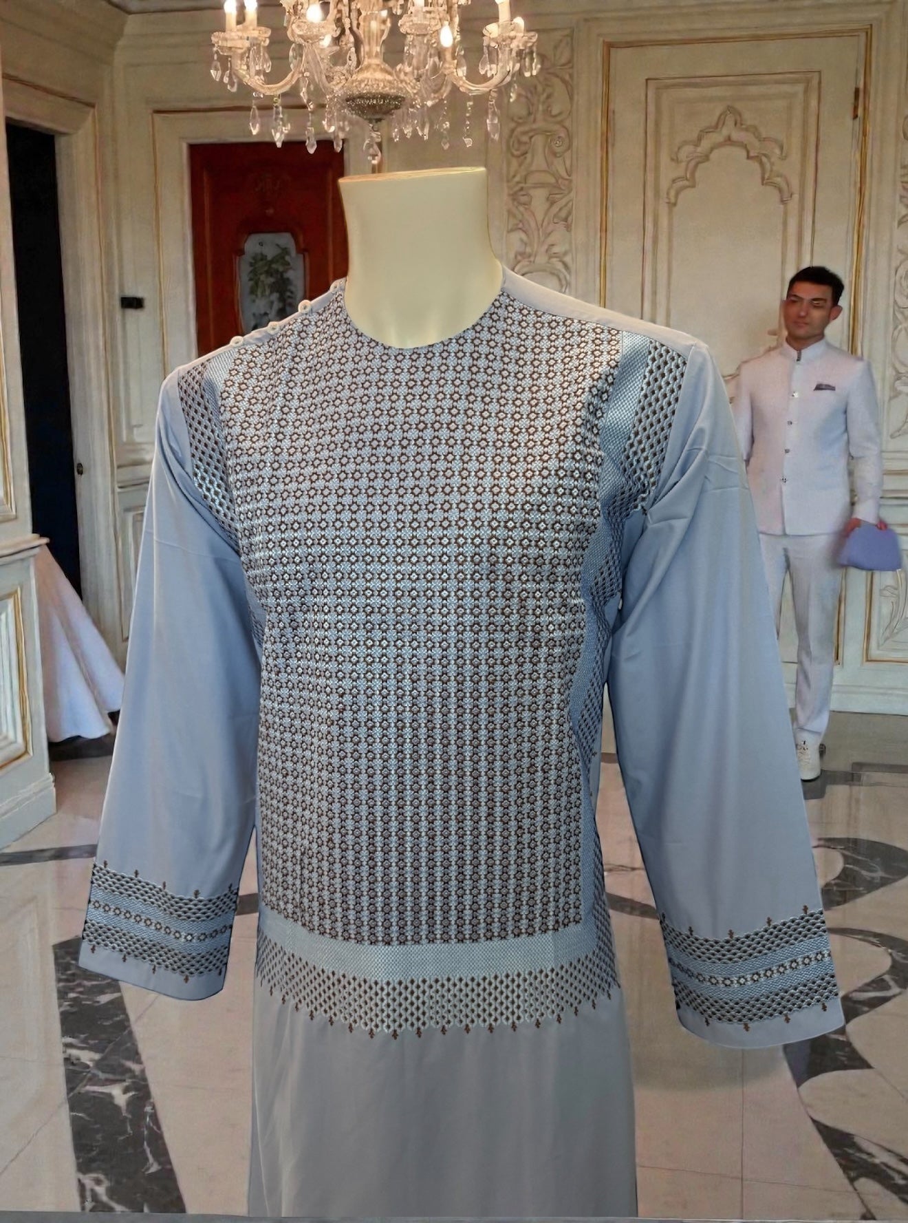 Medium Light Blue Afghan Parahan Tunban for Men with Machine Embroidery