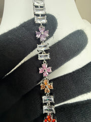 Multicolor Floral Baguette Crystal Link Bracelet – Silver Tone Flower Bracelet 7144