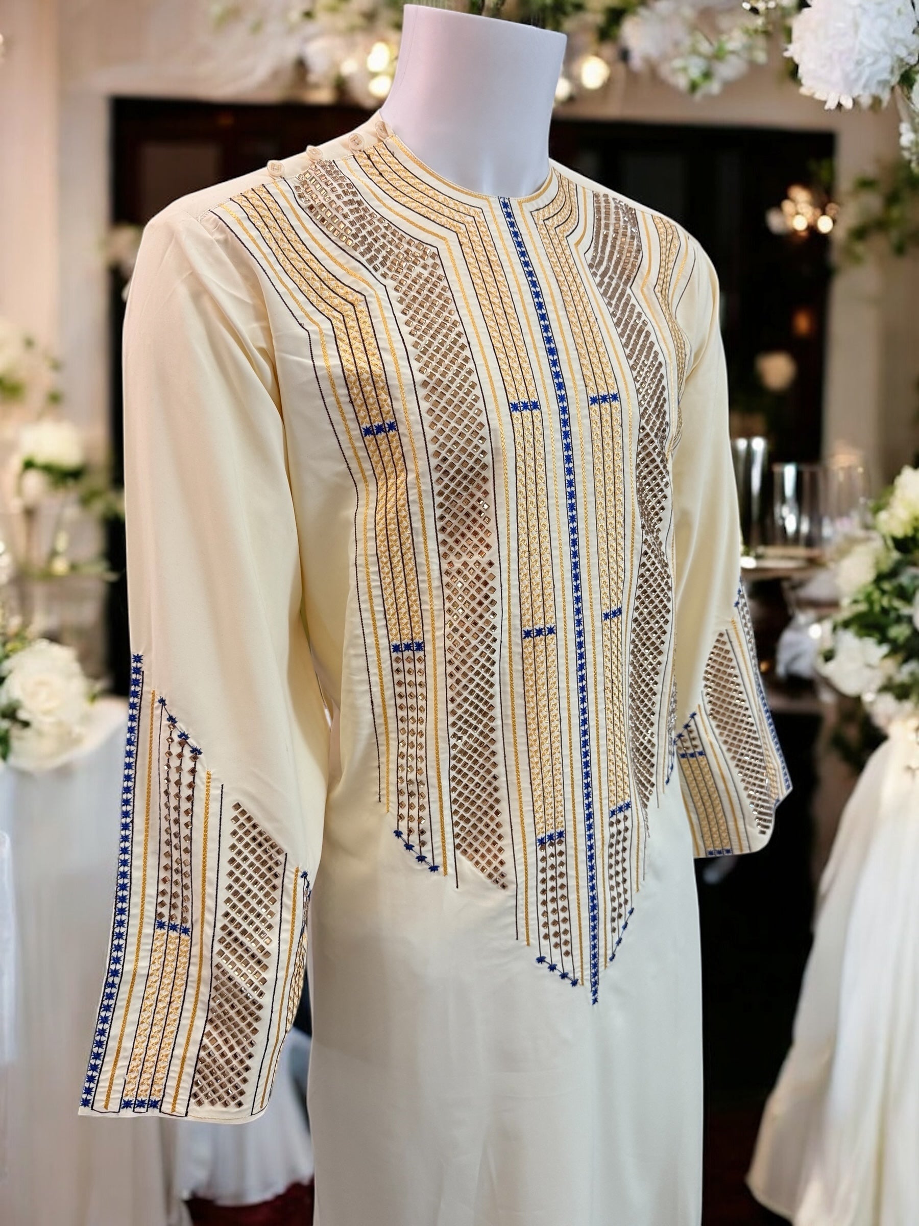 Afghan Parahan Tunban for Men Ivory Gold and Blue Shesha Mirror Work Machine Embroidered Large 2