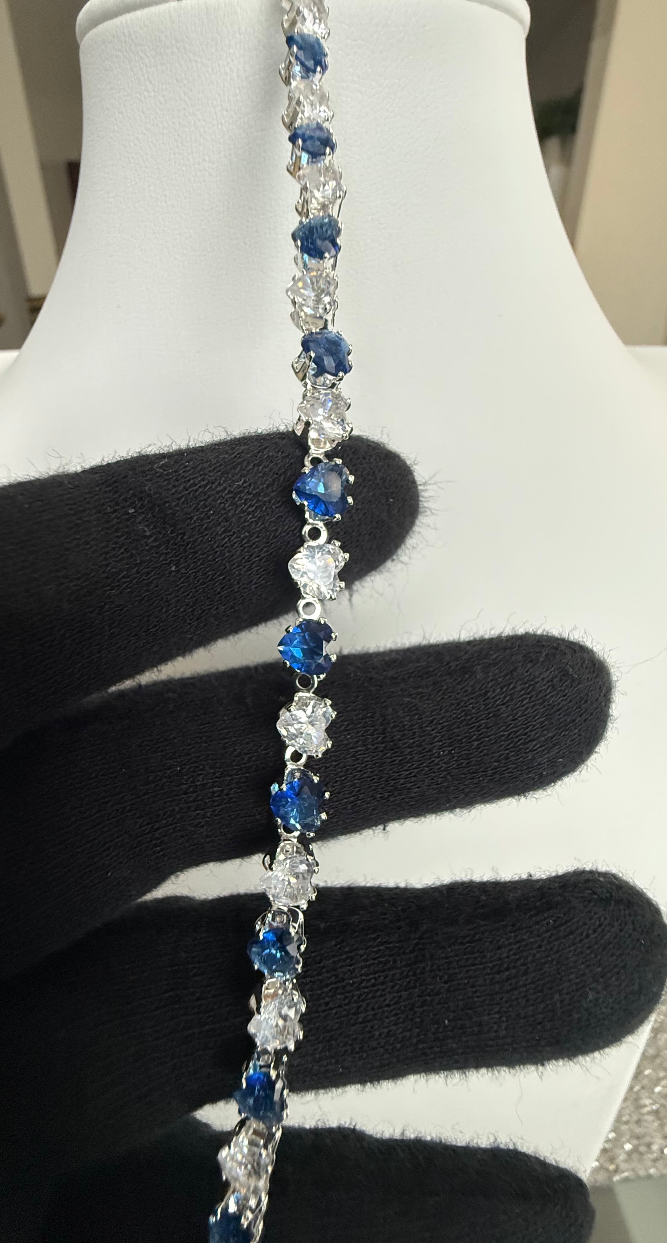 Royal Blue & Clear Heart Crystal Tennis Bracelet – Silver Tone Statement Jewelry 7107