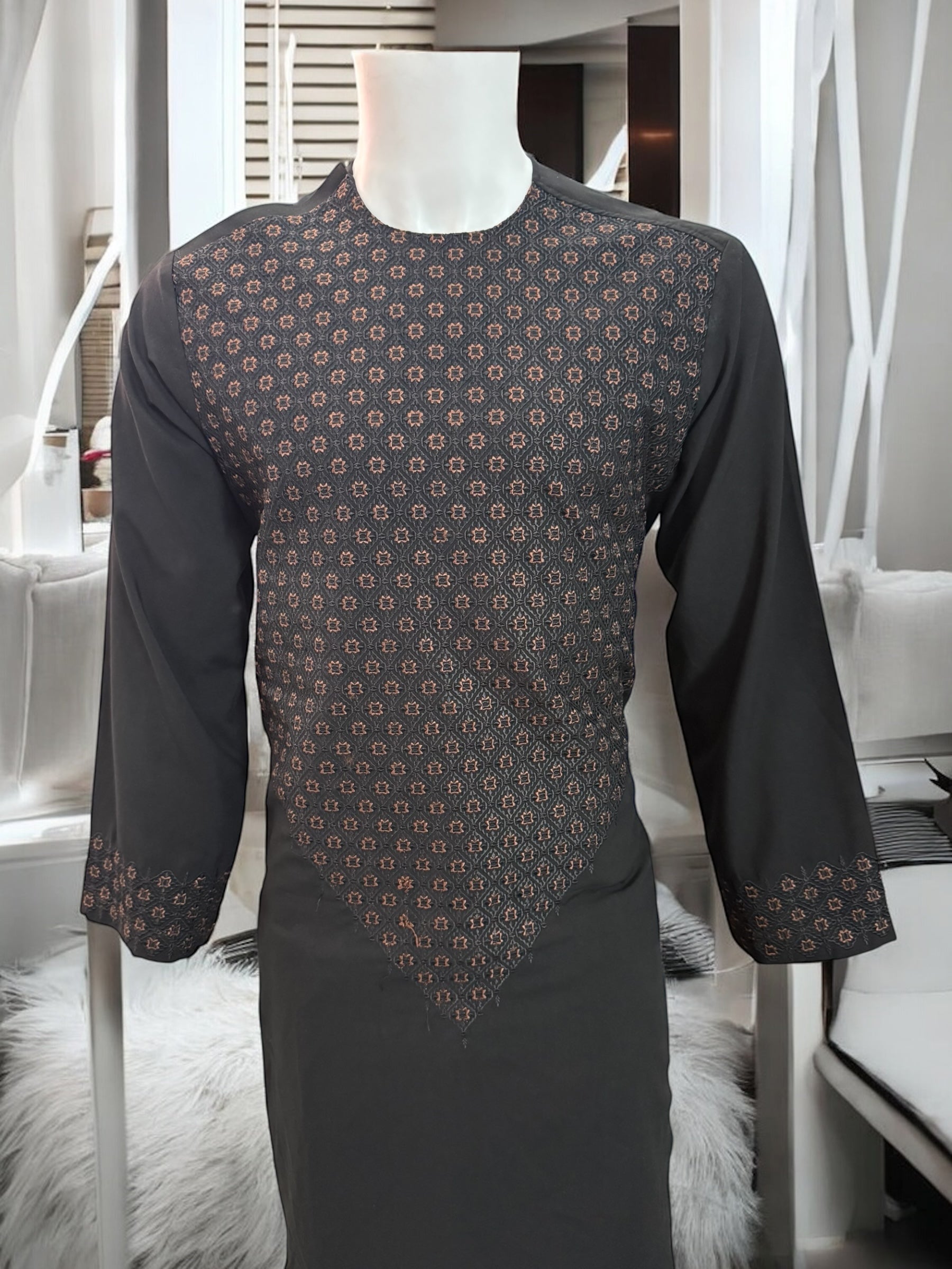 Men’s Black Parahan Tumban with Brown Khamak Embellishment – Traditional Afghan Design – Small Size