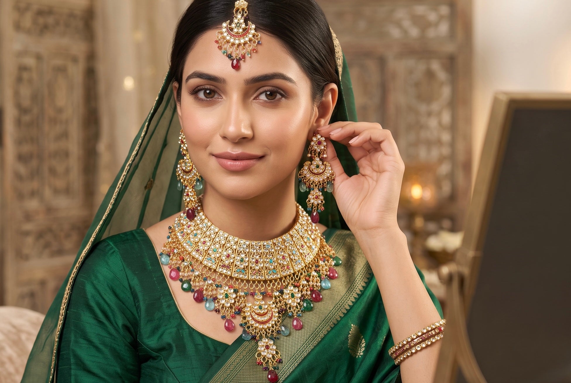Multicolor Kundan Bridal Jewelry Set – Gold Tone Indian Pakistani Afghan Wedding Necklace Set with Earrings & Maang Tikka | Jewelry Gift Box Included 7015