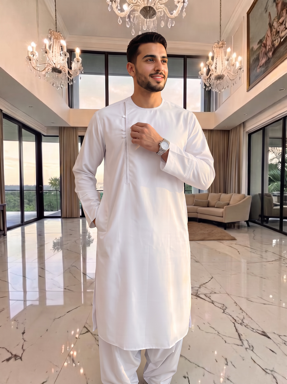 Men’s White Qasimi Design Parahan Tunban – Traditional Afghan 2-Piece Outfit | Small–XXL
