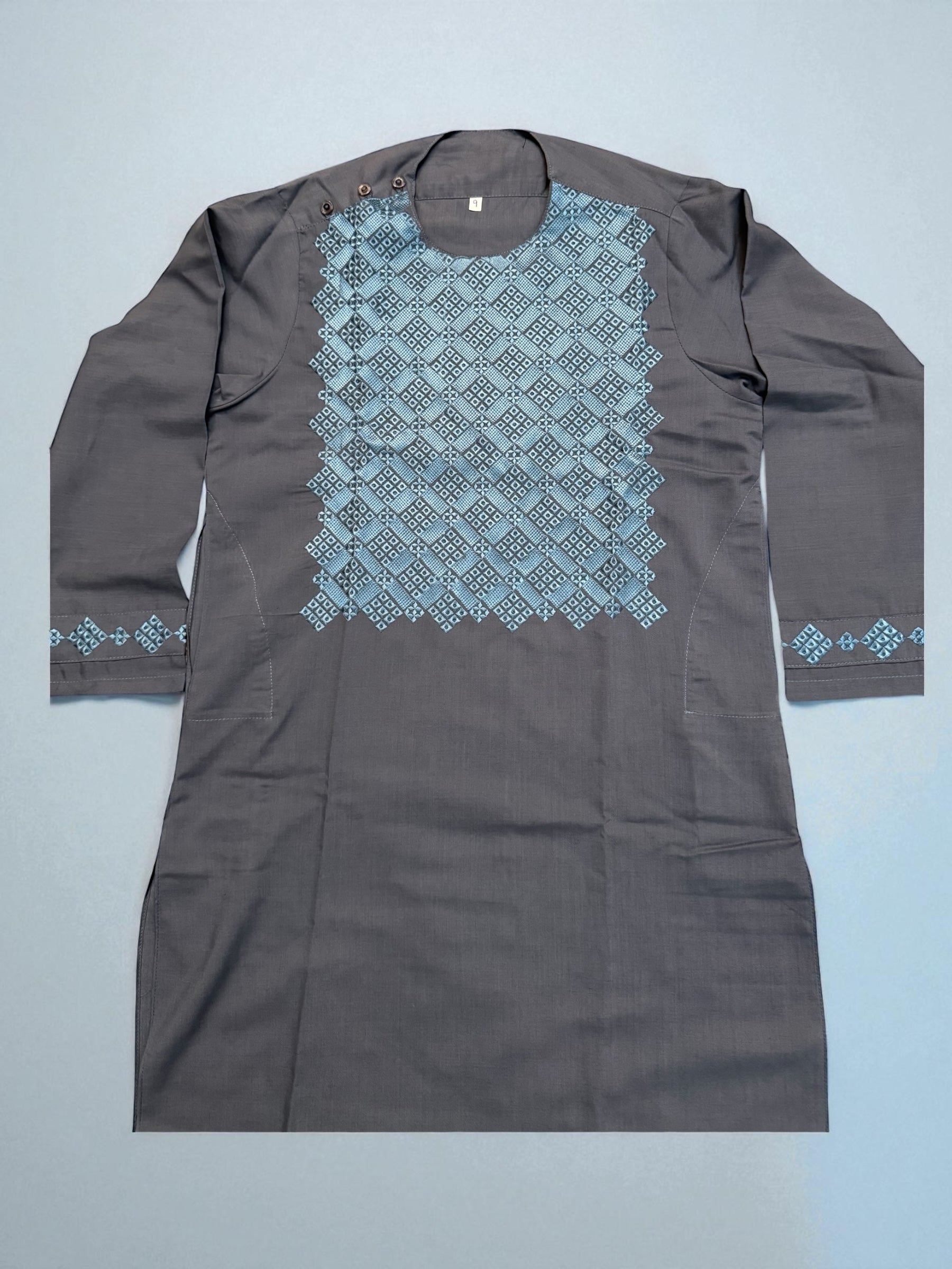 9 years old Gray Afghan Parahan Tunban for boys, Light Blue Machine Embroidery