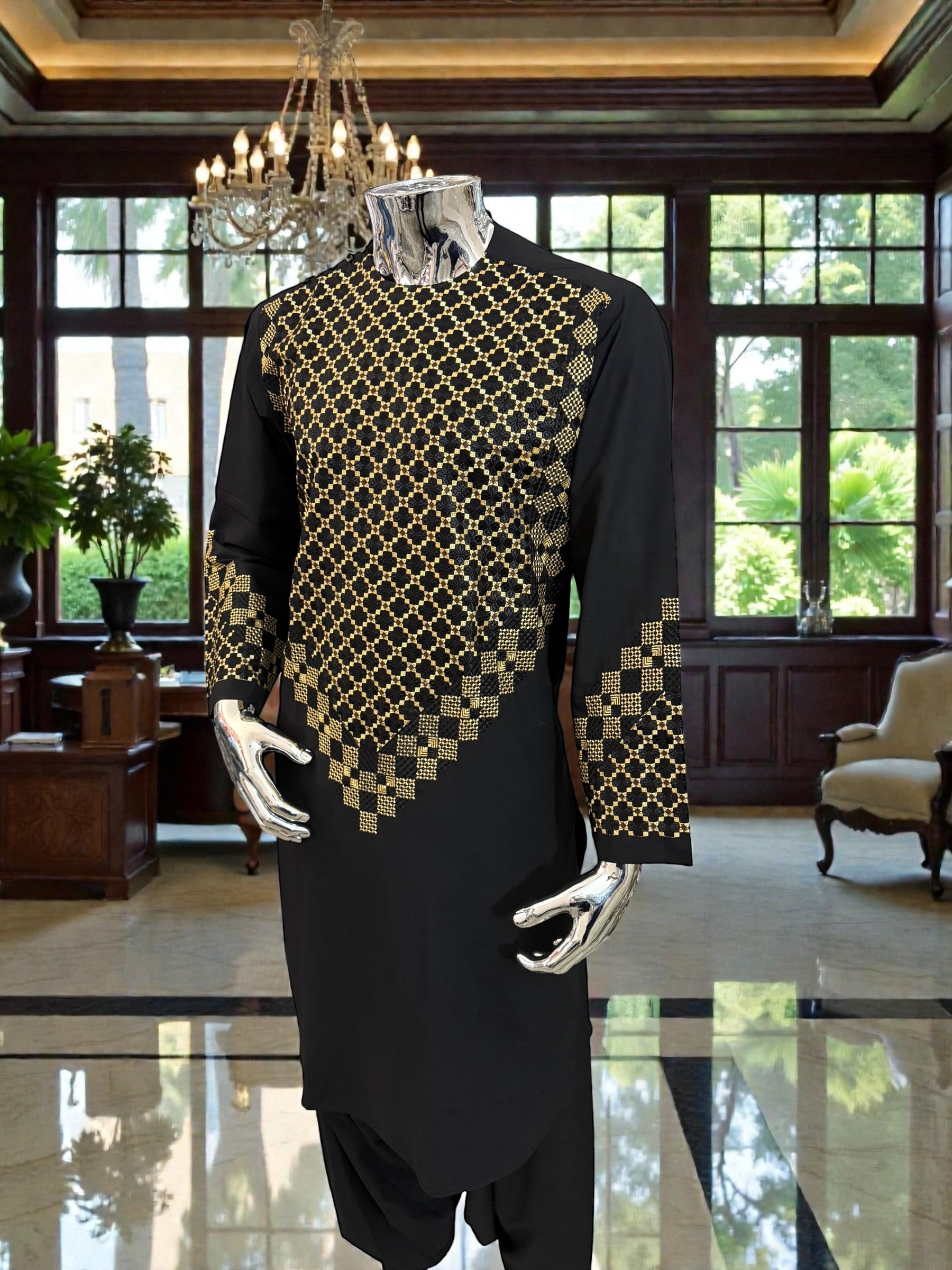 Small Black Afghan Kameez with Gold & Black Embroidery | Premium Traditional Men’s Outfit