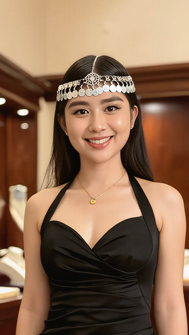 Silver-Tone Traditional Coin Headpiece for Women – Traditional Bridal Forehead Jewelry, Festival Head Chain 7001