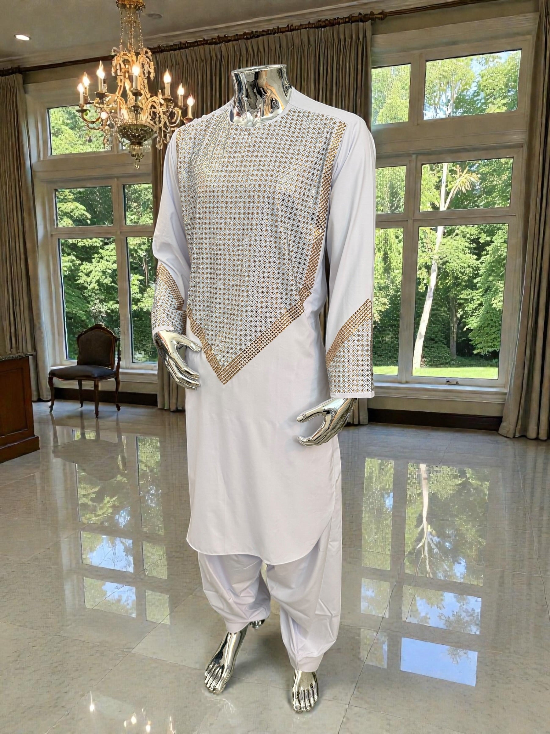 Men’s White Shesha Parahan Tunban Luxury Afghan Outfit with Matching Shawl | Luqmaan Boutique Collection Small