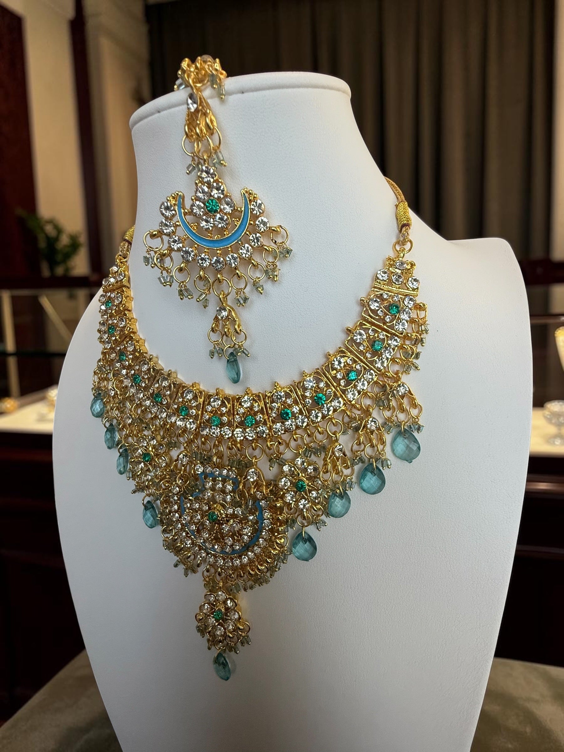 Aqua Blue Indian Pakistani Afghan Bridal Jewelry Set with Earrings & Maang Tikka | Gold Tone Crystal Rhinestone Necklace Set | Gift Box Included 7011
