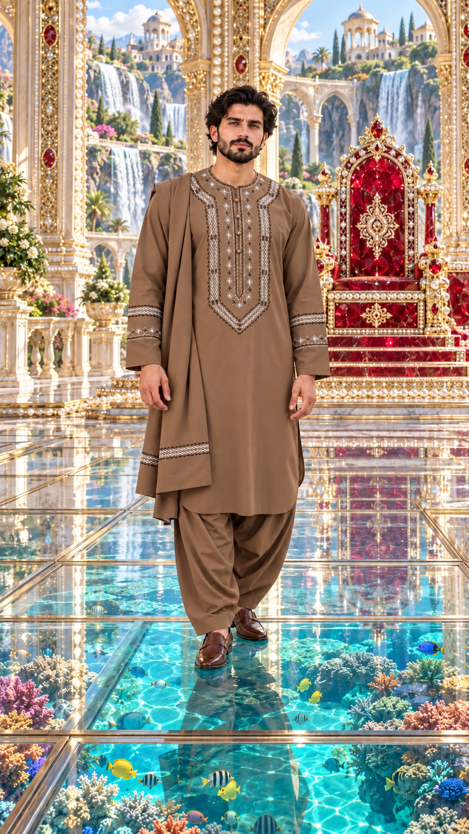 Men’s Brown Hand-Embroidered Afghan Parahan Tunban with Matching Shawl in Small, Medium, or Large