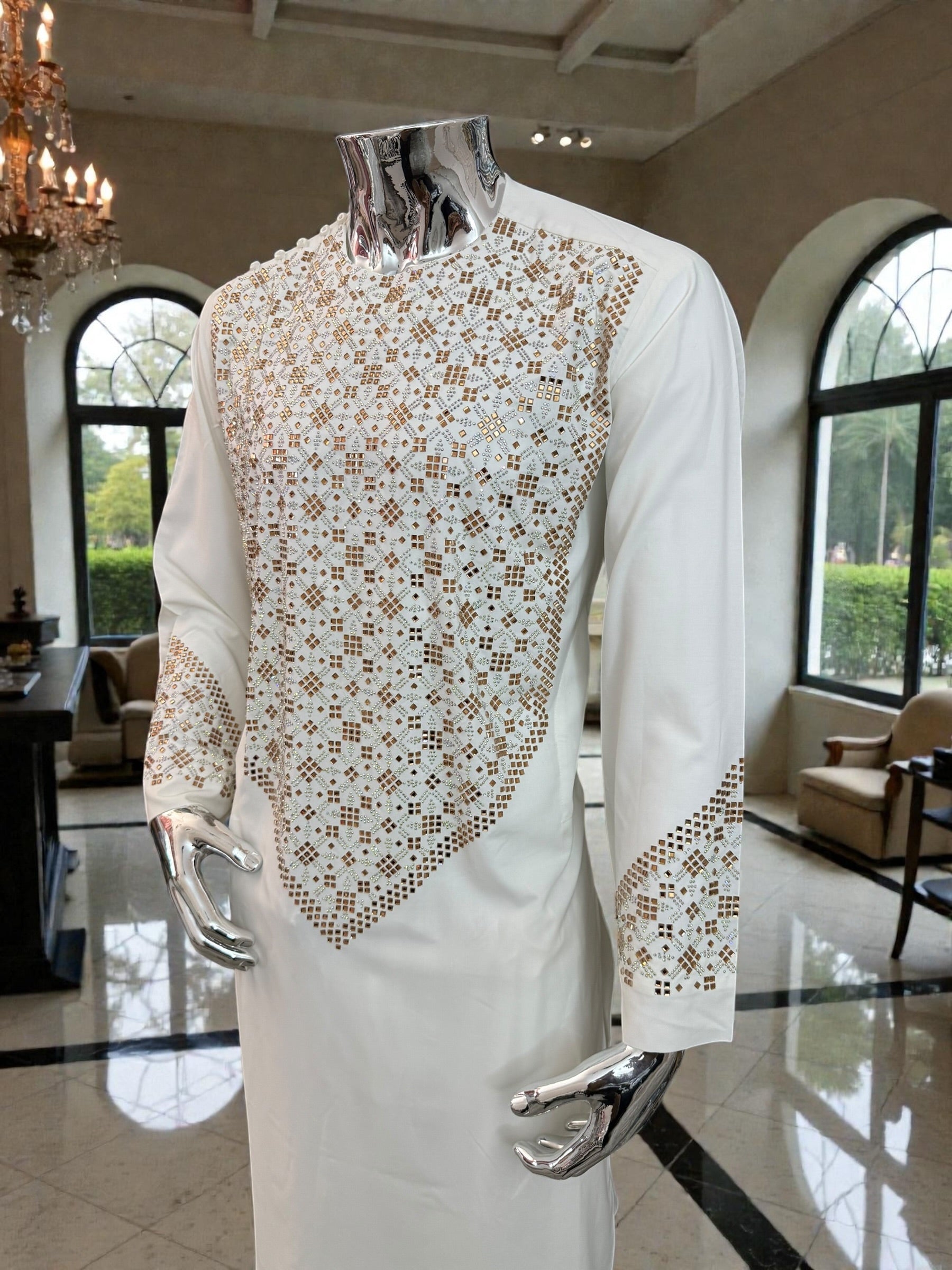 XL Off-White Afghan Kameez 3-Piece Set with Gold Shesha Work | Traditional Men’s Outfit