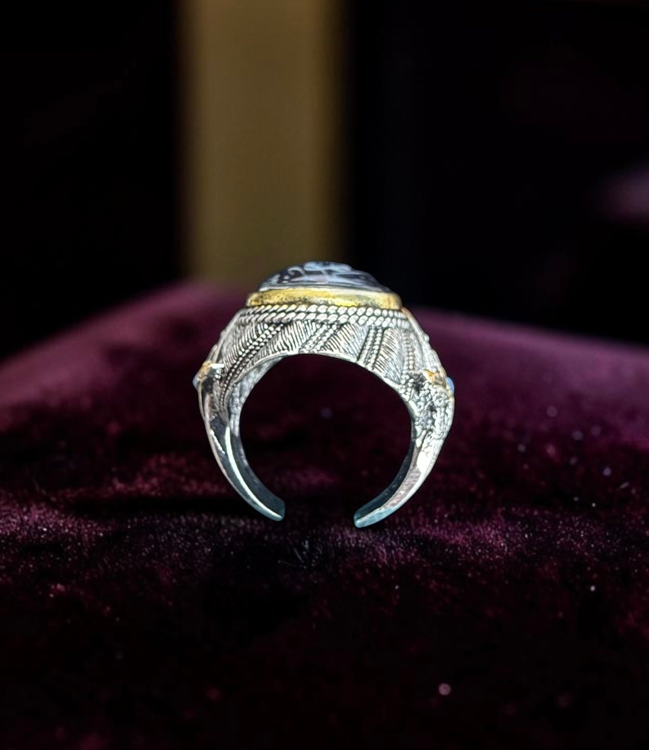 Men’s Blue Arabic Calligraphy Statement Ring – Antique Silver Tone Alloy Islamic Inspired Fashion Ring with Jewelry Box 7018