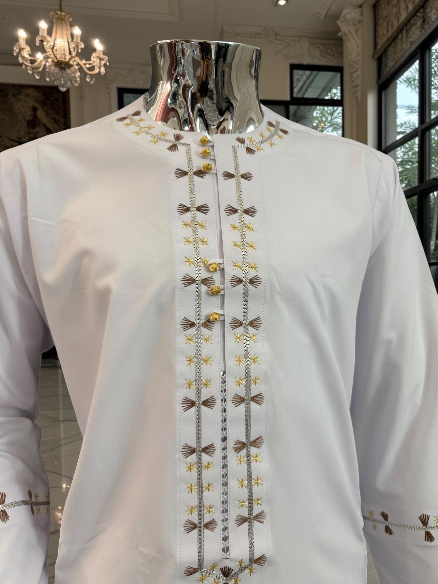 Men’s White Afghan Parahan Tunban with Gold & Brown Embroidery – Traditional Afghan Outfit