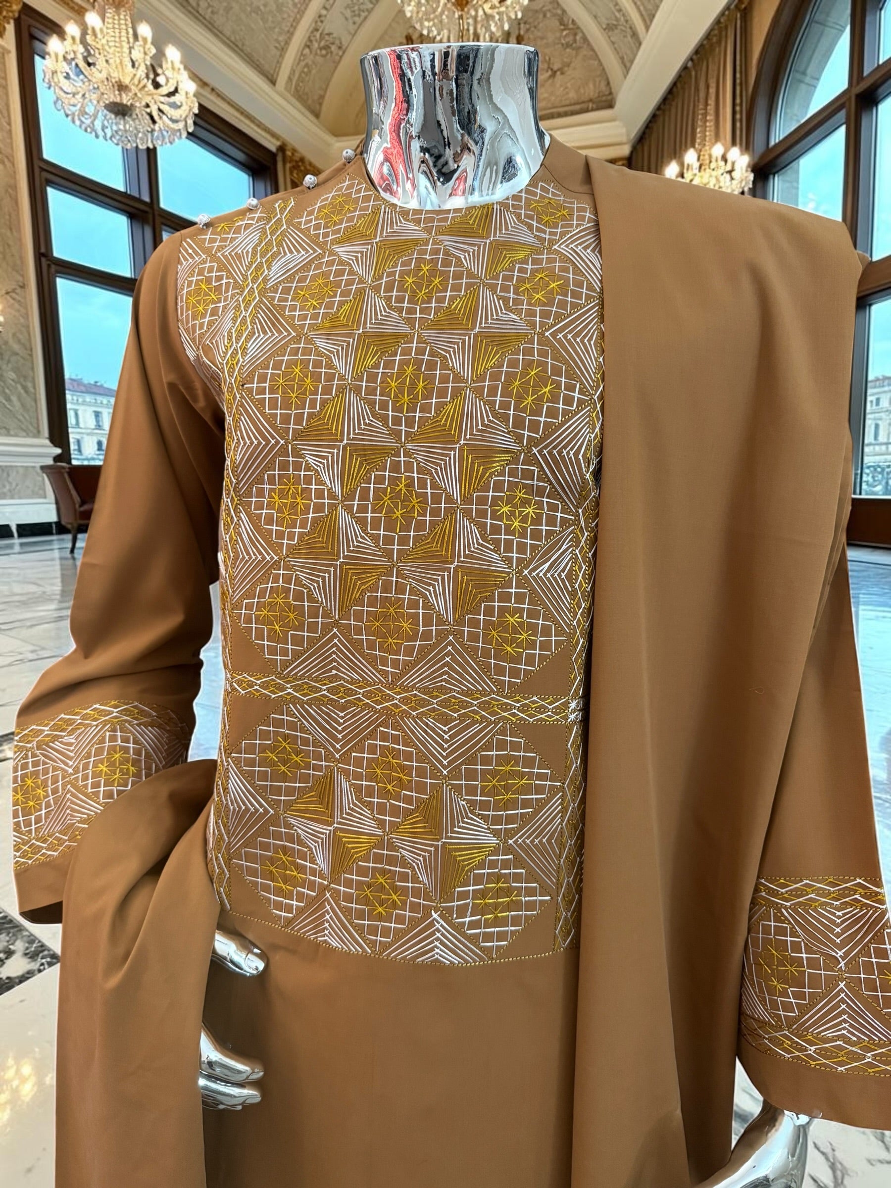 Medium Mens Afghan Parahan Tunban Set – Caramel Brown Premium Embroidered Traditional Outfit with Matching Chadder/patto