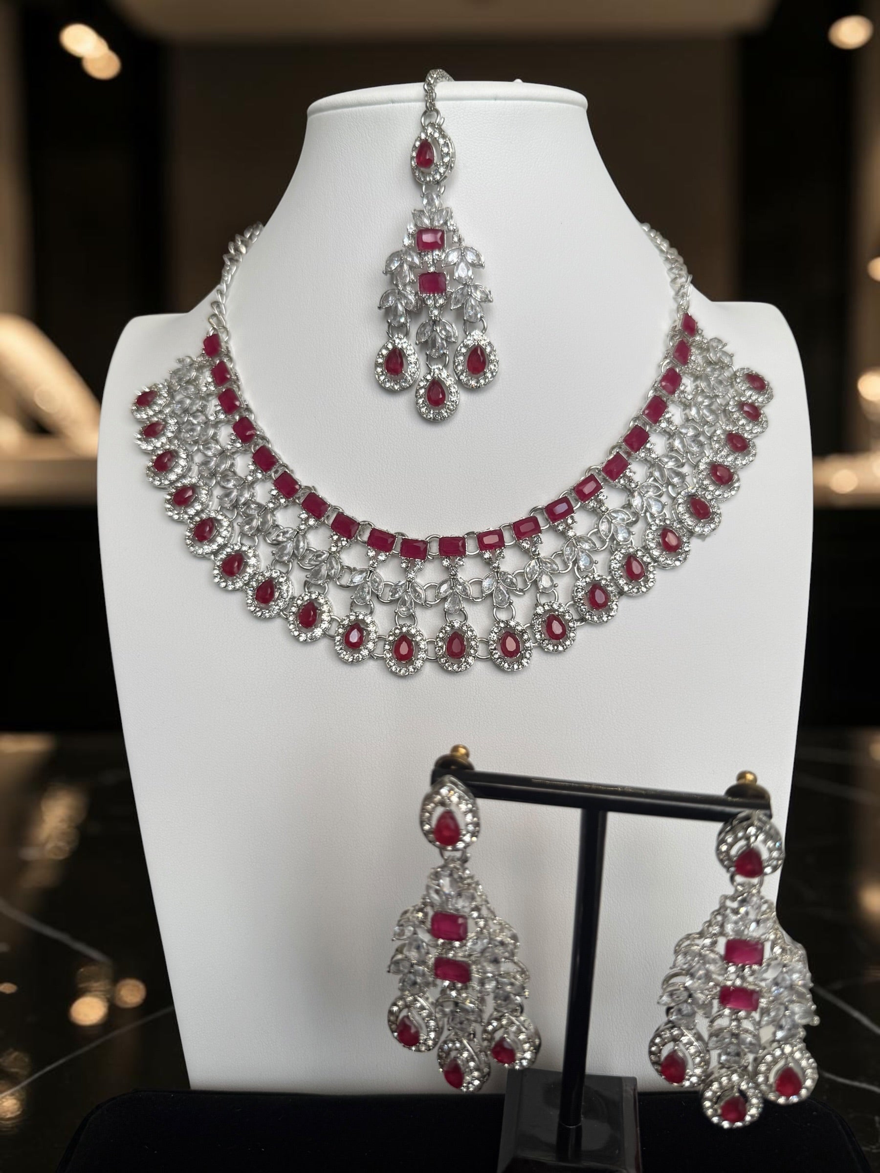 Silver-Tone AD Bridal Necklace Set with Earrings & Maang Tikka – 8 Colors
