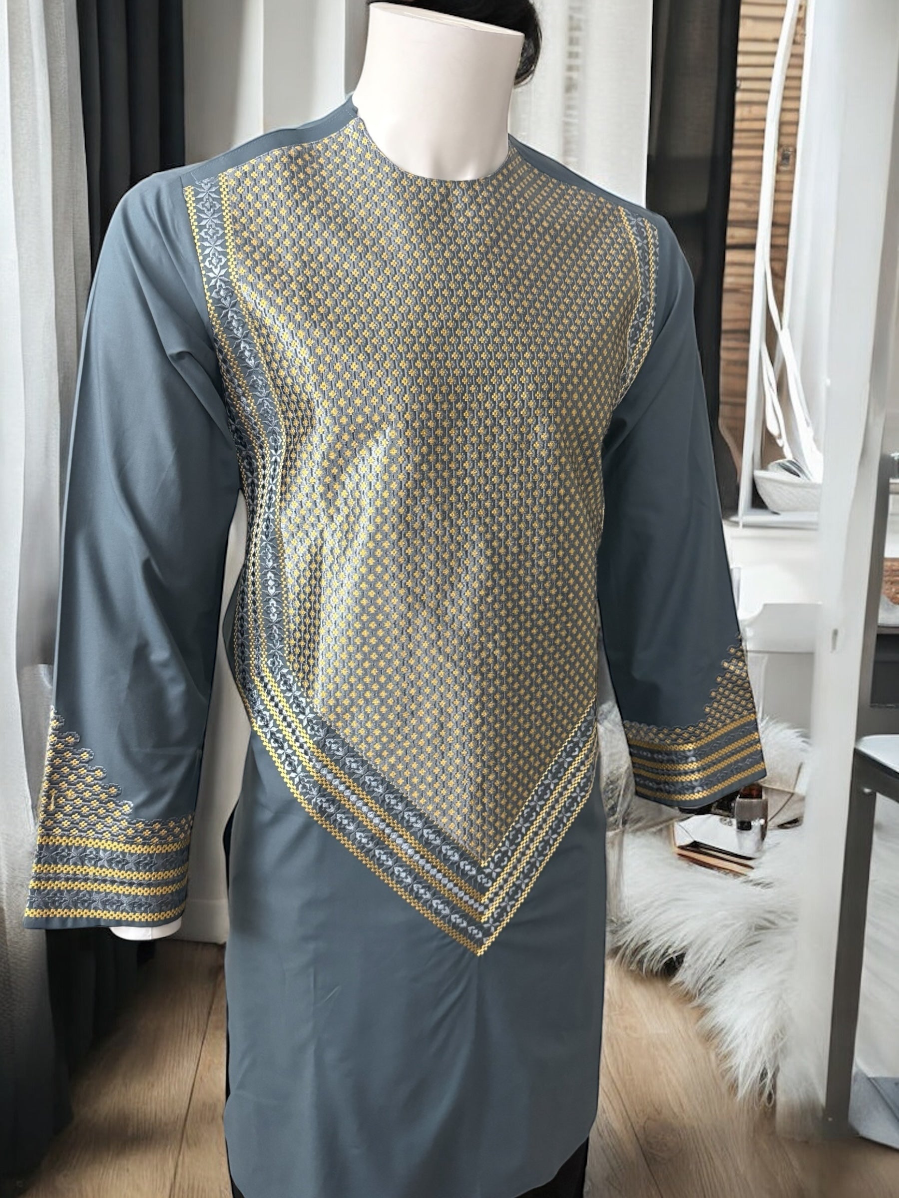 Men’s Slate Blue Parahan Tumban with Gold Embroidery Small
