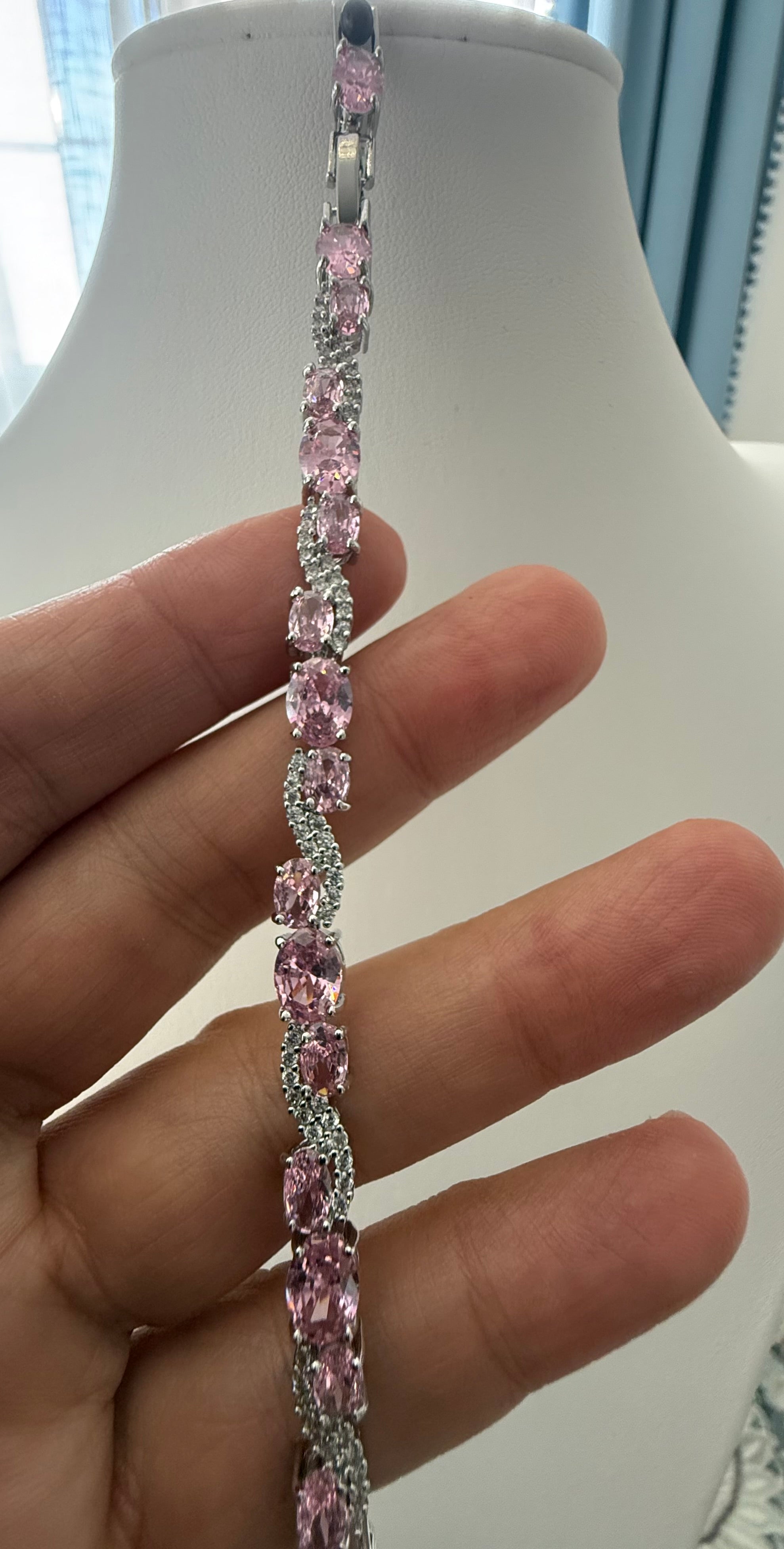 Pink Oval Crystal Swirl Bracelet – Silver Tone Sparkling Statement Jewelry 7085