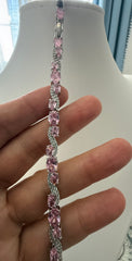 Pink Oval Crystal Swirl Bracelet – Silver Tone Sparkling Statement Jewelry 7085
