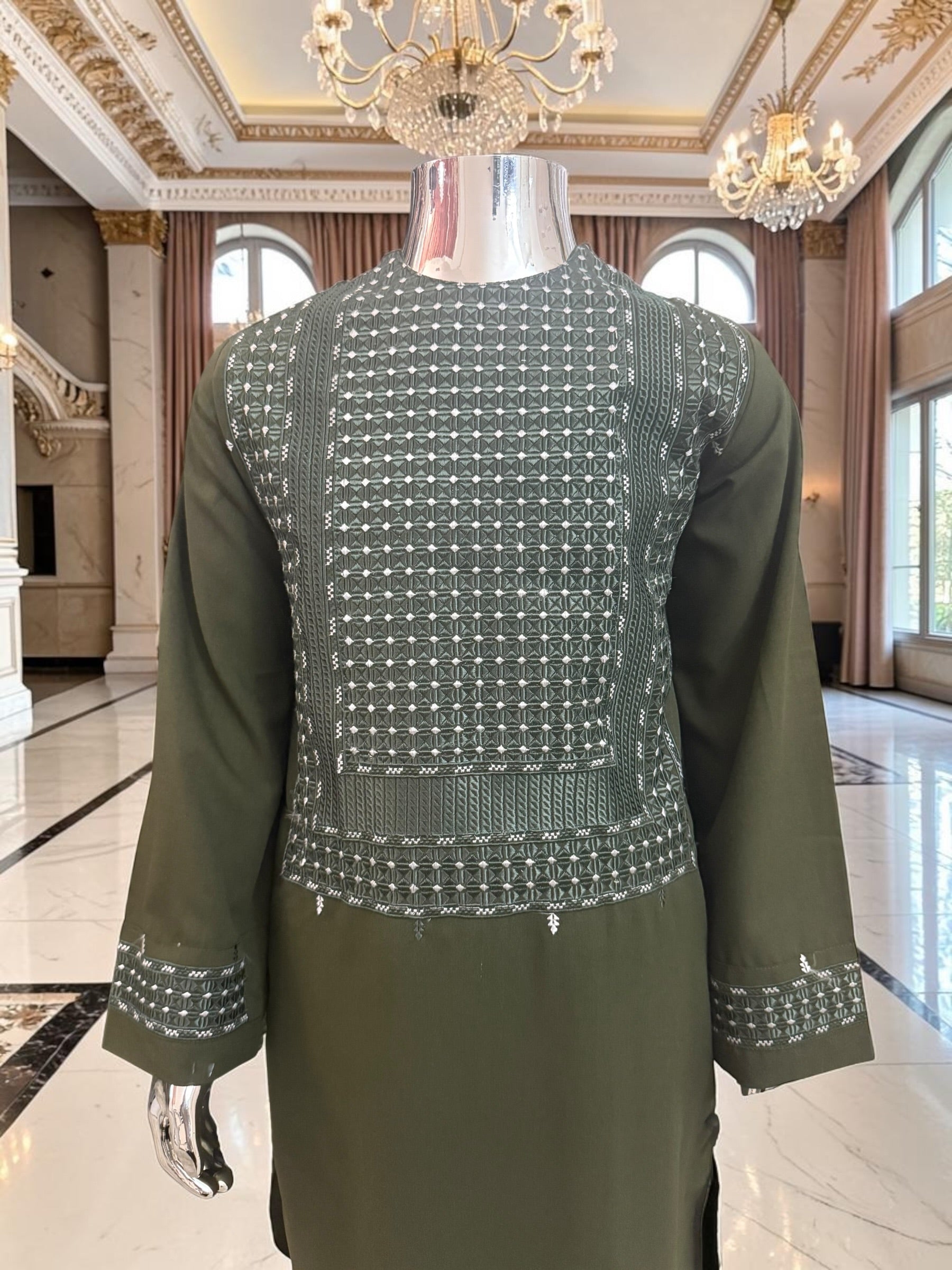 Kids Traditional Afghan Clothing – Olive Green Parahan Tunban for Boys Design #23