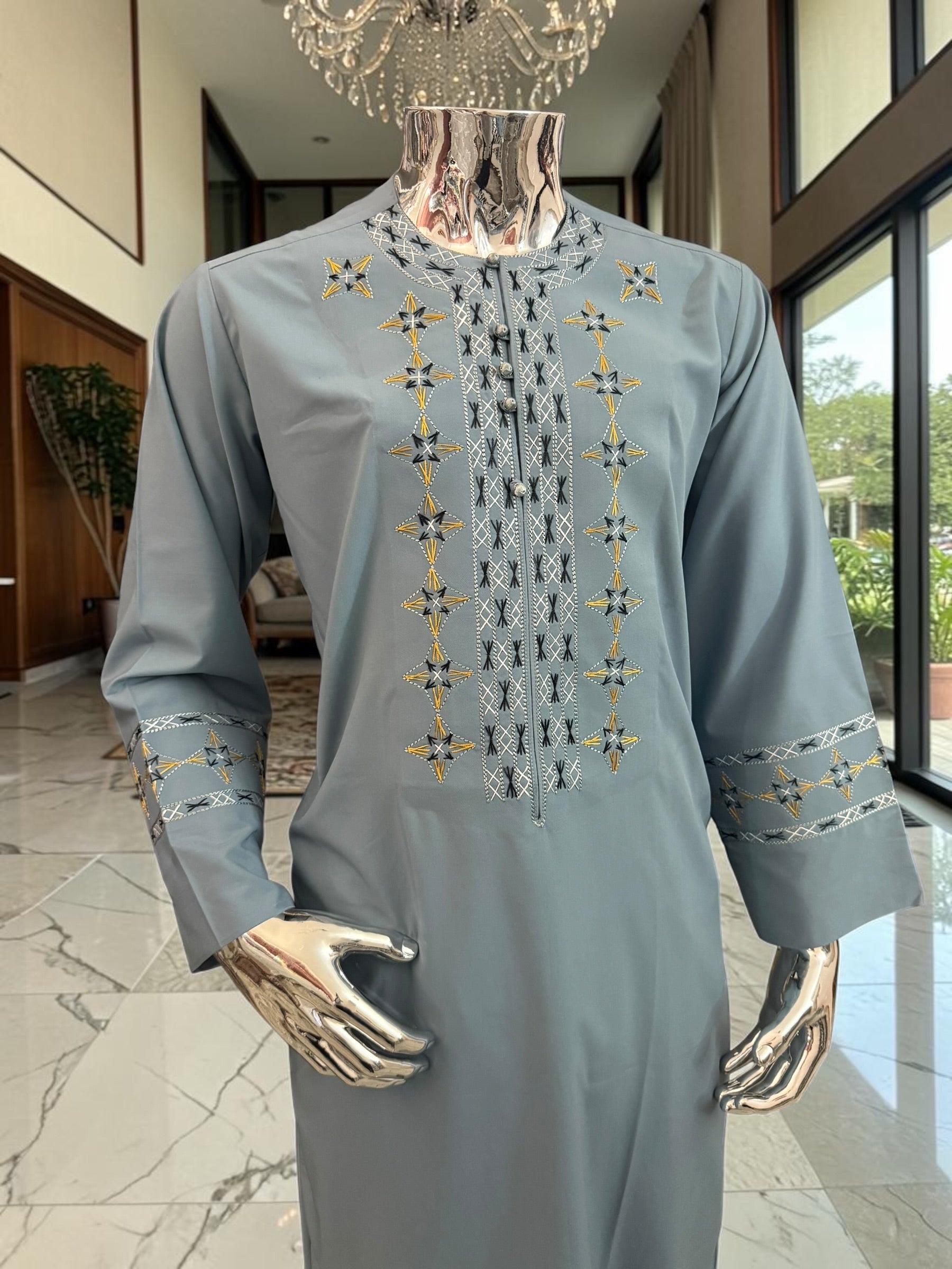 Men’s Gray Blue Embroidered Afghan Parahan Tunban with Shawl Small and Large Available
