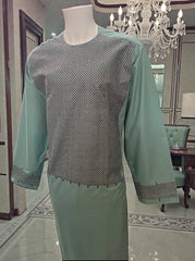 Traditional Afghan Parahan Tunban with Patterned Front Panel – Mint Green – XL