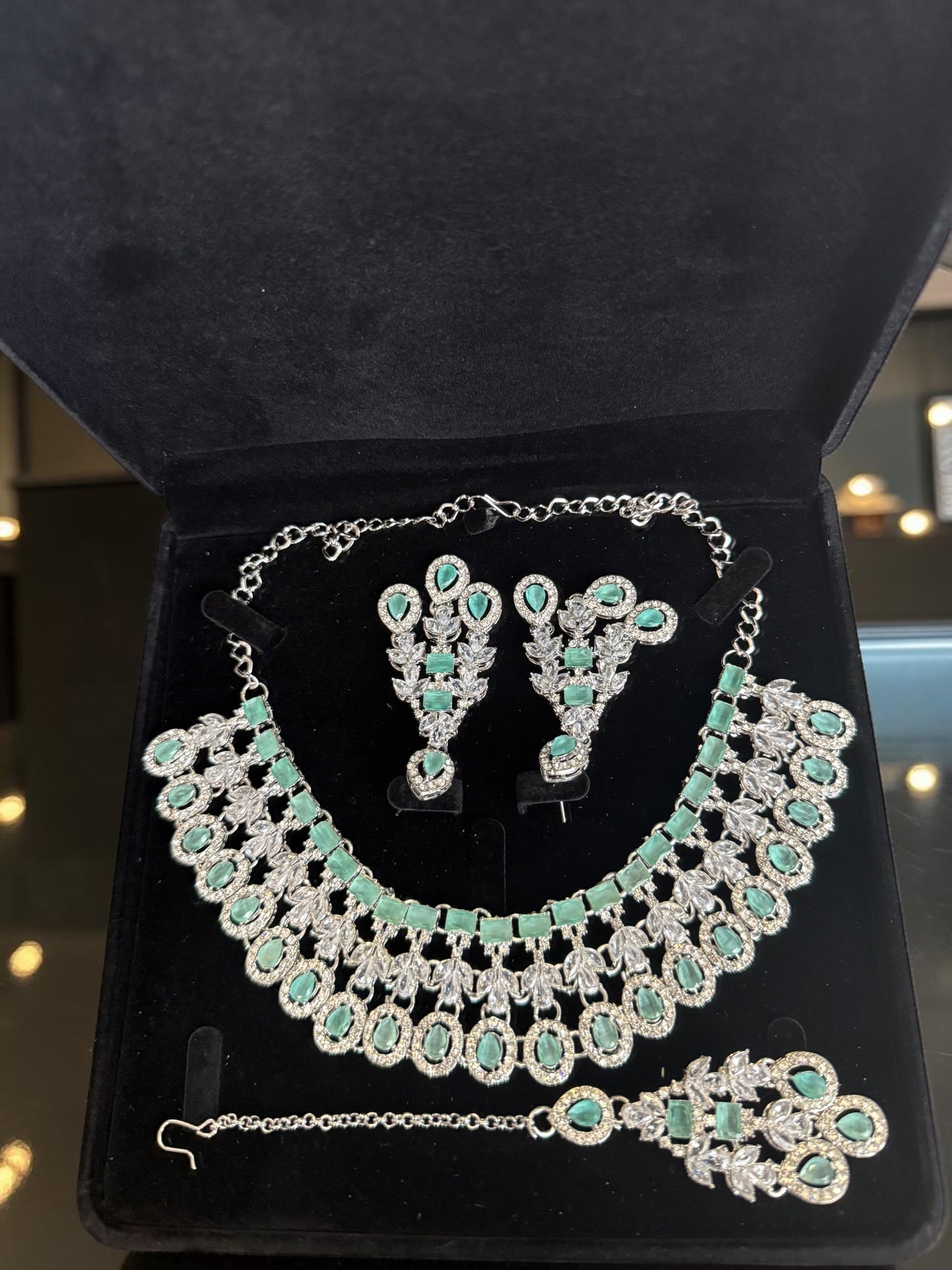 Luxury Mint Green American Diamond Bridal Jewelry Set with Maang Tikka | Premium Brass Statement Necklace & Earrings Gift Box Included 6037