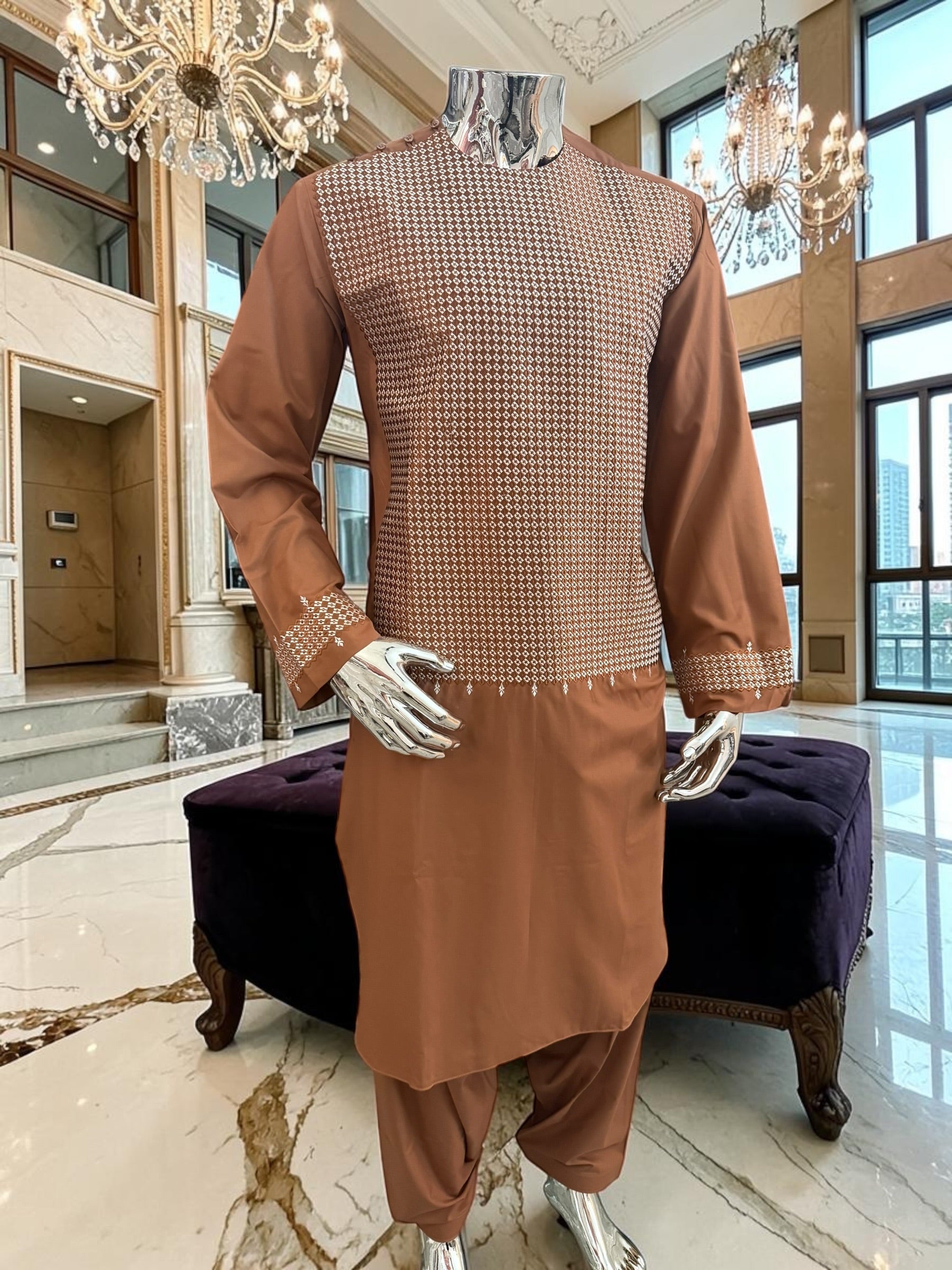 Medium Afghan Parahan Tunban Kameese Shalwar Brown Machine Embroidery
