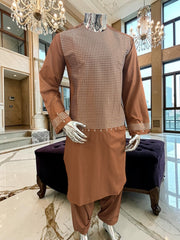Medium Afghan Parahan Tunban Kameese Shalwar Brown Machine Embroidery