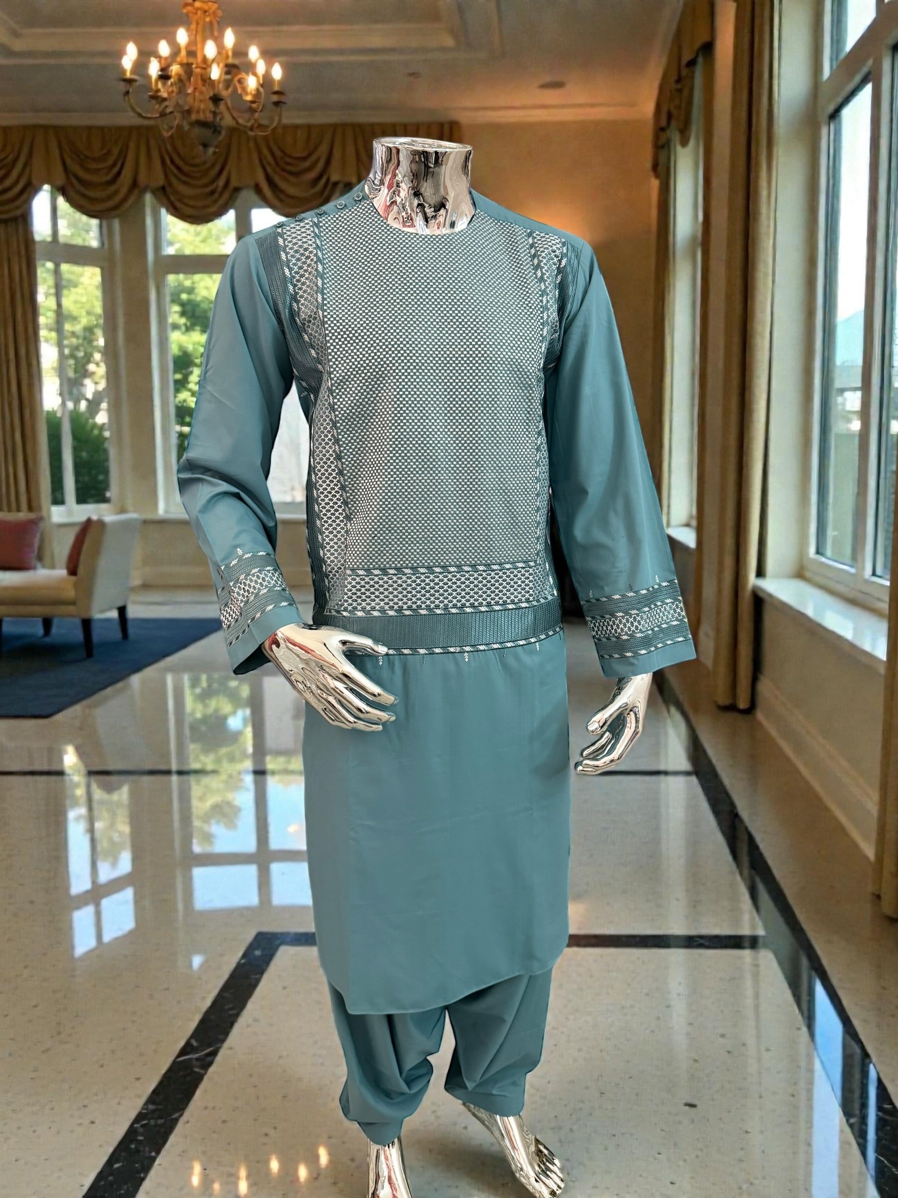 Men’s Teal Kameez with White and Teal Machine Embroidery – Medium Size | Premium Afghan Traditional Wear